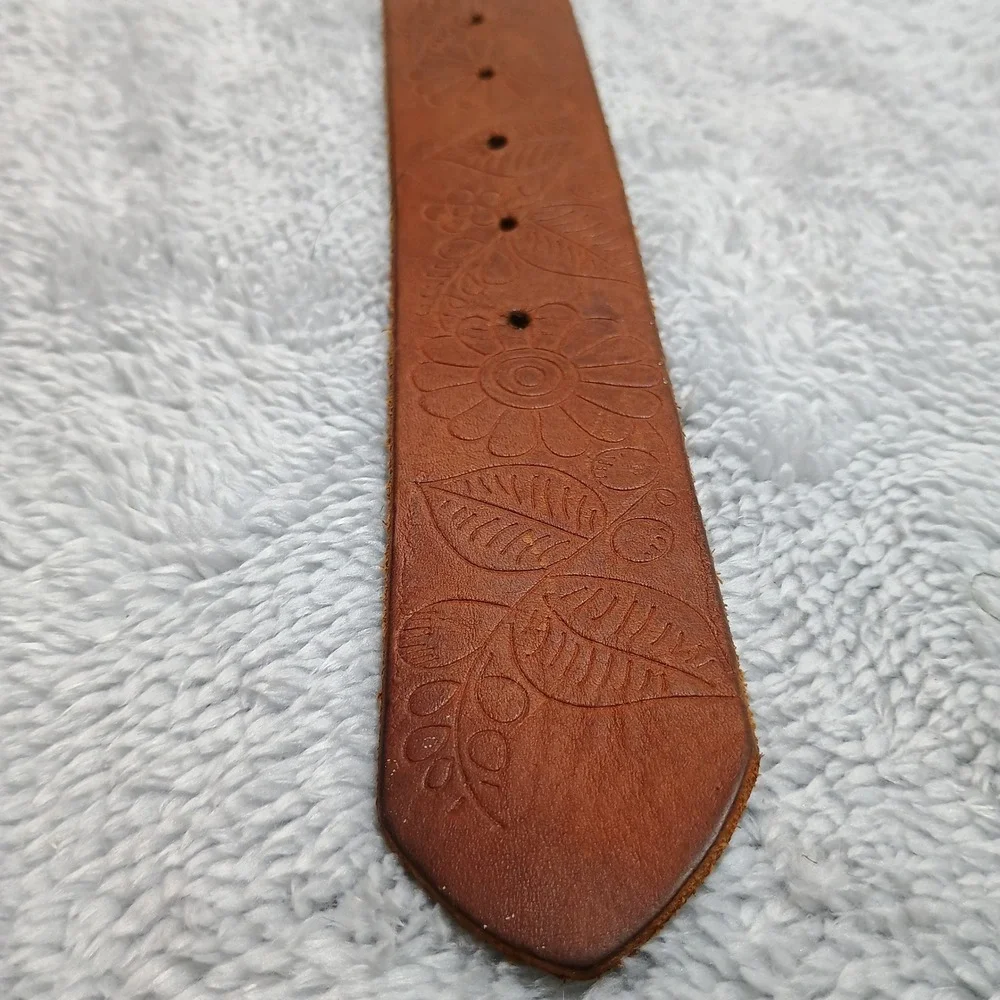 Candies Belt Womens Large Brown Leather Floral Embossed Filigree Buckle Boho